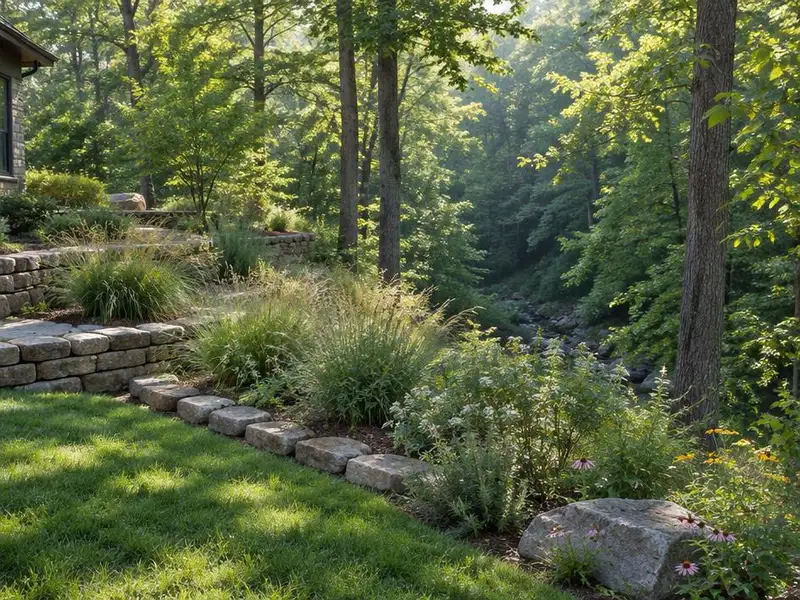 Stone retaining walls and native planting on a ravine lot in Highland Park, IL