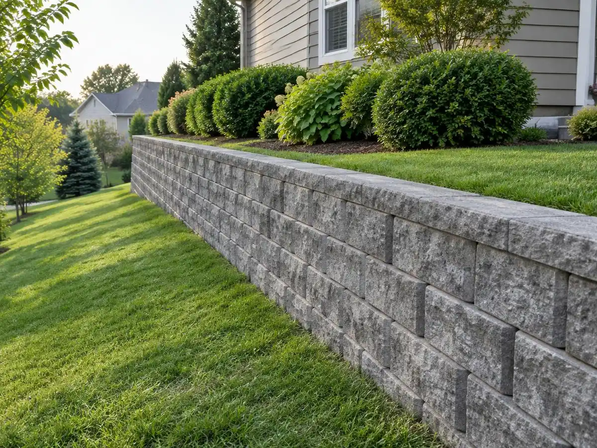 Block retaining wall creating a level lawn beside a home in Northbrook, IL