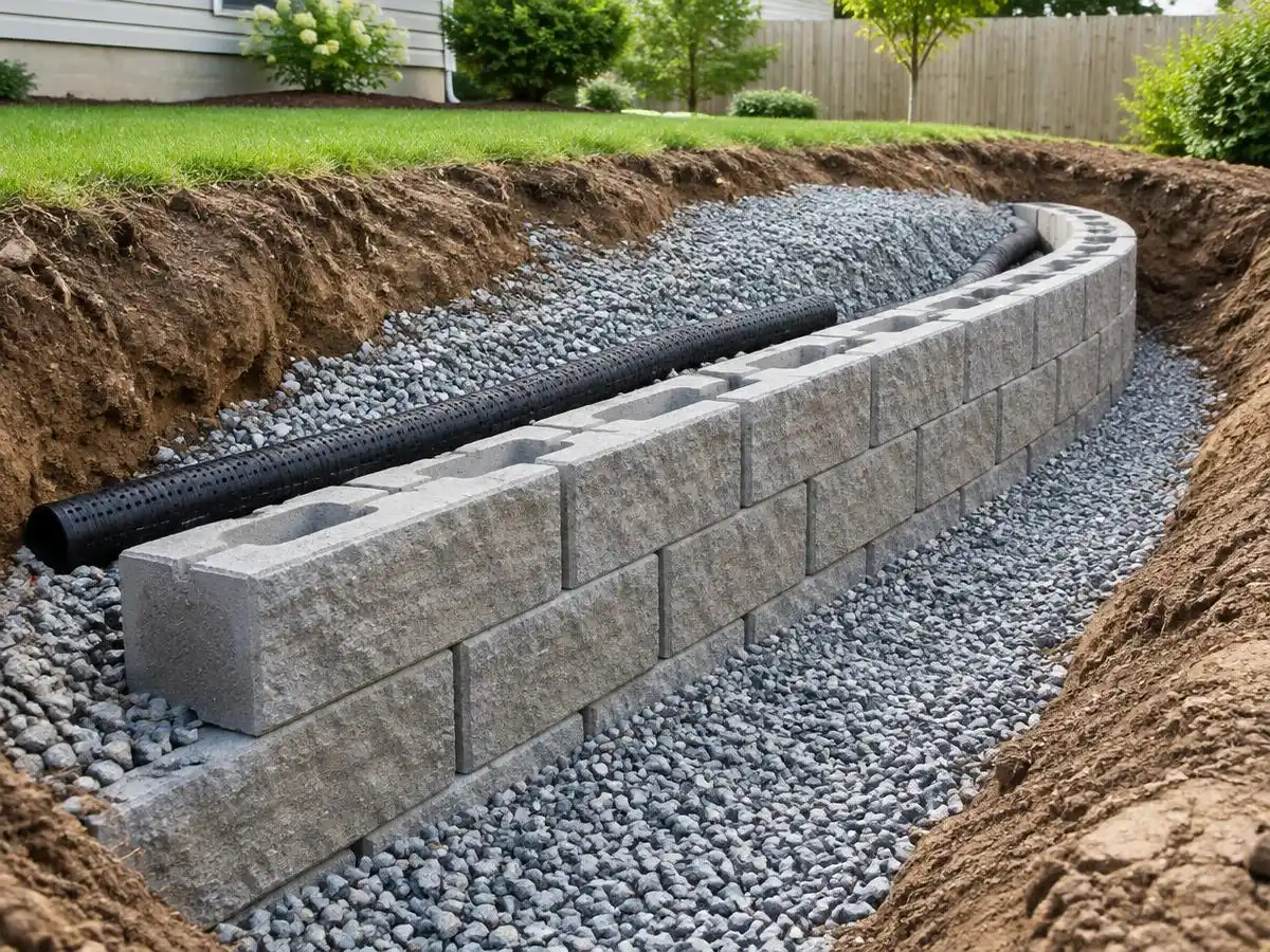 Gravel backfill and drain pipe behind a new block retaining wall in Northbrook, IL