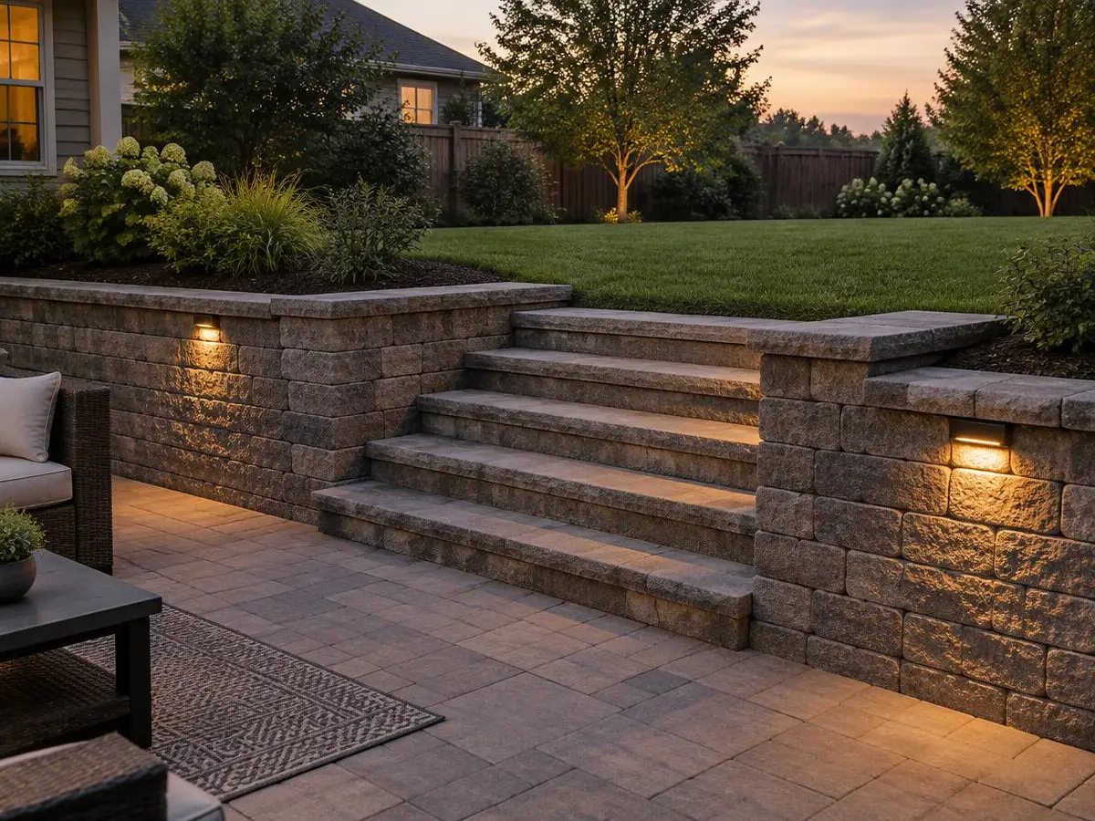 Retaining wall with built-in steps leading to an upper lawn in Northbrook, IL
