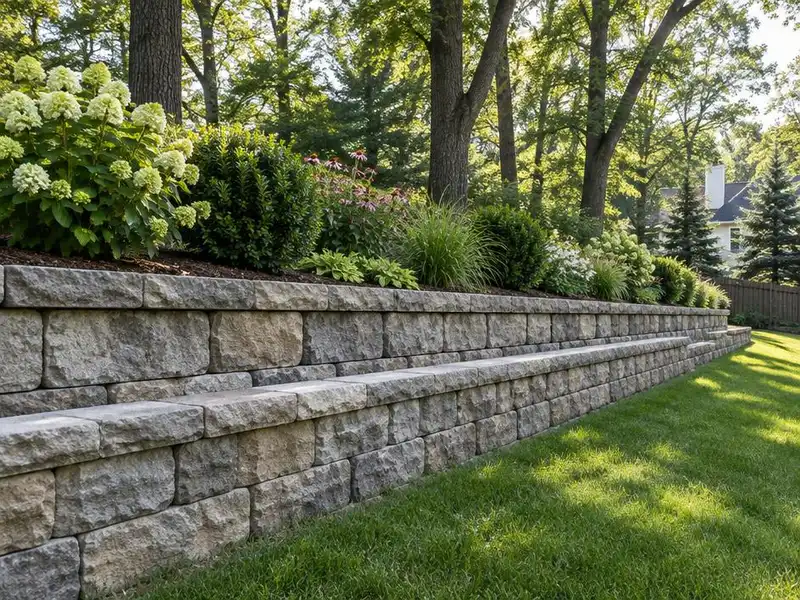 Stone retaining wall with a planting bed on a sloped yard in Northbrook, IL