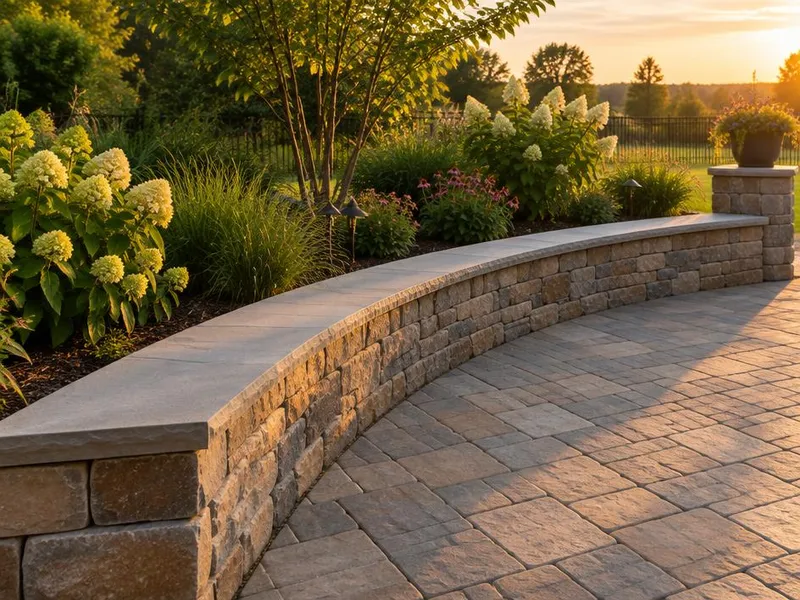 Low stone seat wall framing a paver patio in Northbrook, IL
