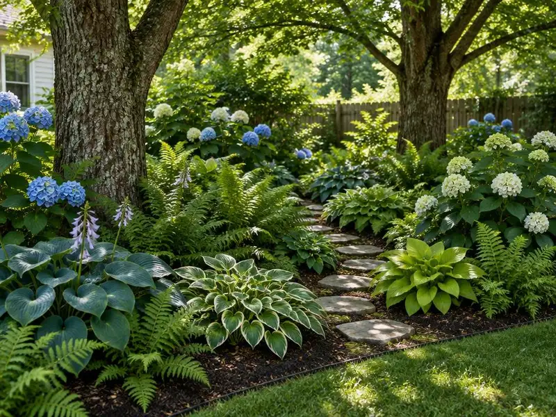 Shade garden with hostas under mature trees in Deerfield, IL