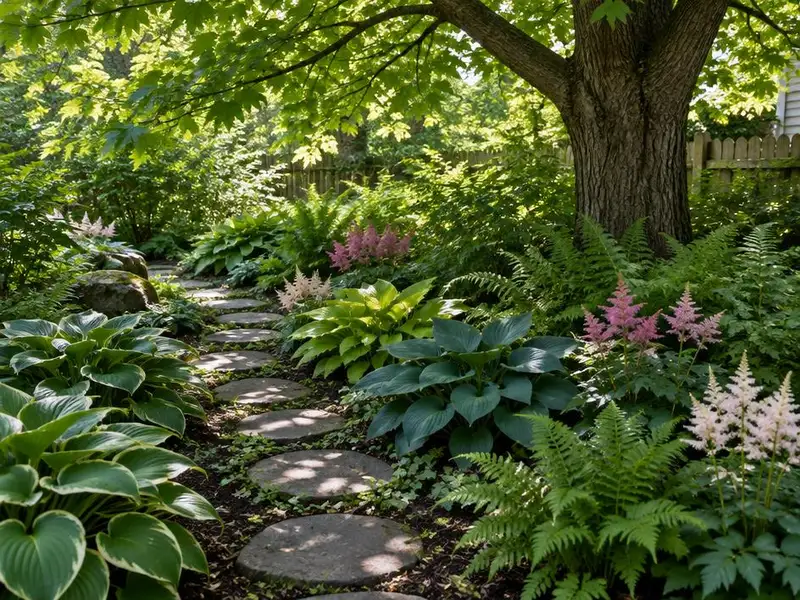 Shade garden with hostas and ferns under a mature tree in Northbrook, IL