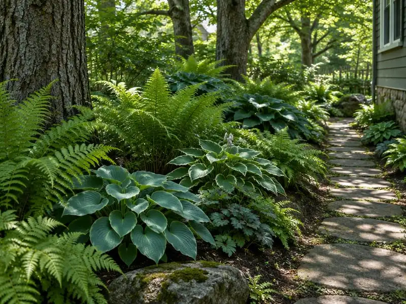 Shade garden beside a stone path under mature trees in Wilmette, IL