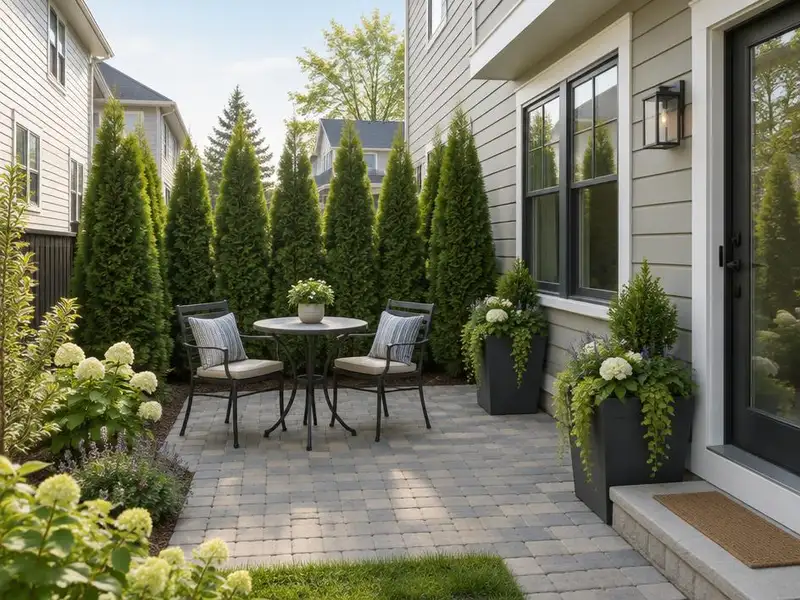 Compact paver patio with privacy planting behind a newer home in Glenview, IL