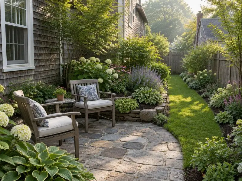 Small stone patio with layered planting behind a home in Wilmette, IL