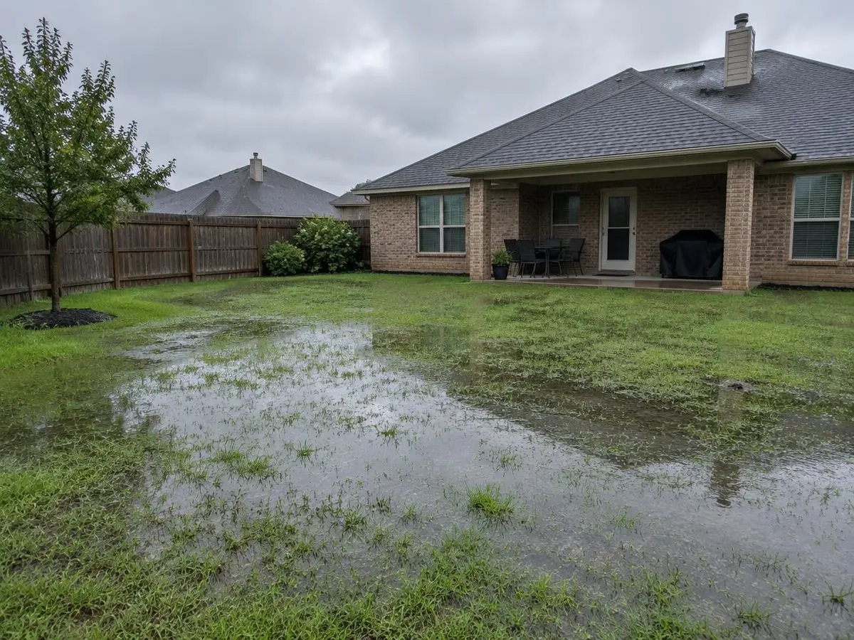 Standing water on a flat lawn after rain in Northbrook, IL