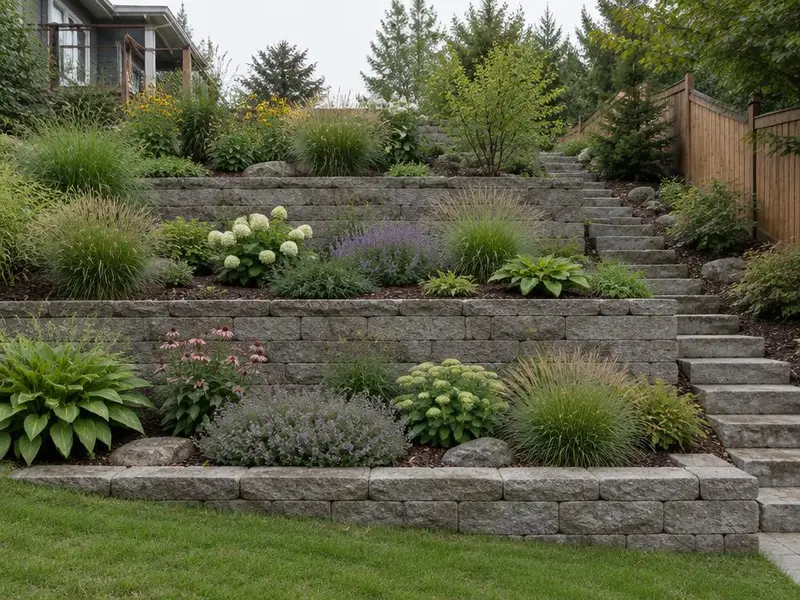 Terraced block retaining walls with planting on a steep slope in Northbrook, IL