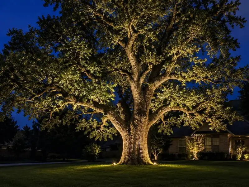 Large oak tree lit from below at night in Northbrook, IL
