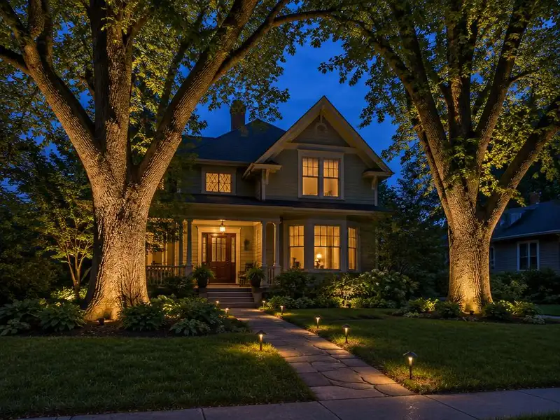 Uplit mature trees in front of a home at dusk in Winnetka, IL