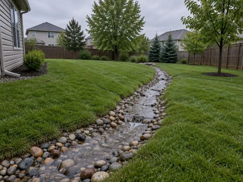 Regraded lawn with a river rock swale in a backyard in Deerfield, IL