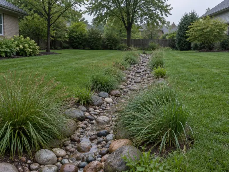 Dry creek bed of river rock draining a backyard in Glenview, IL