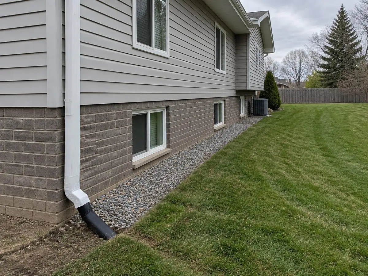 Side yard with a new downspout line and gravel strip at a home in Northbrook, IL